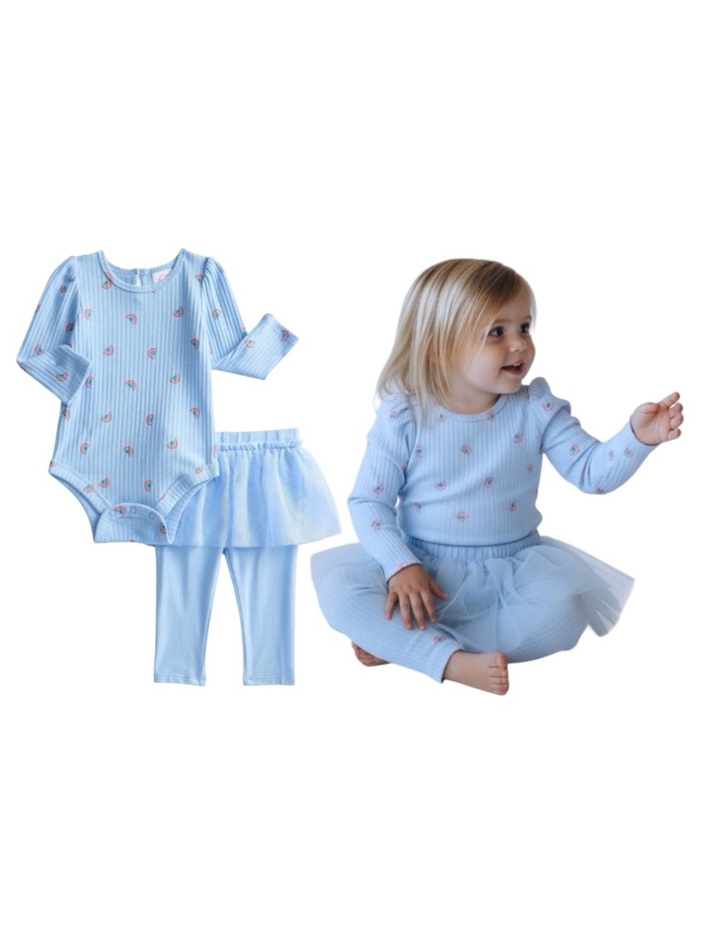 wonder nation Baby Blue Ribbed Rainbow Bodysuit with Tulle Skeggings